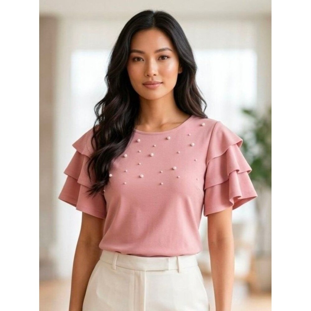 MiaoMiao Pink Ruffle Sleeve Pearl Embellished Blouse - Size L